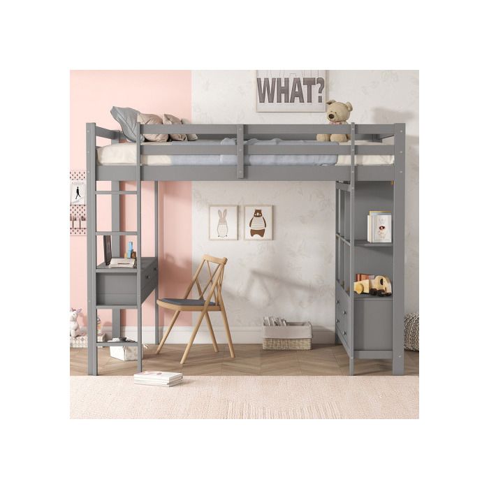 Lit surélevé - MUVOE - 140 x 200 cm - Bureau intégré - 6 tiroirs de rangement - Gris