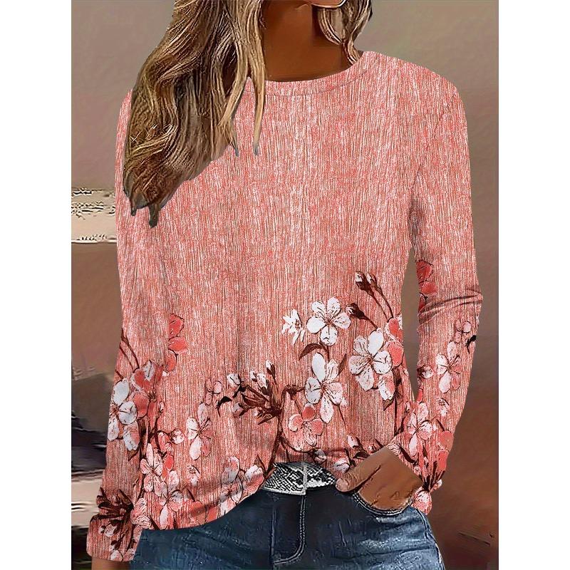Round Neck 3D Flower Pattern Top Casual Long Sleeved Women's T-shirts - Soft Medium Stretch Polyester Fabric Spring and Autumn Relaxed Fit Clothing