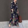 Ladies Dress Loose Colorful Flower Print Ankle Length Long Sleeve Pockets A-line Lapel Single-breasted Soft Breathable Fall Spring Maxi Dress