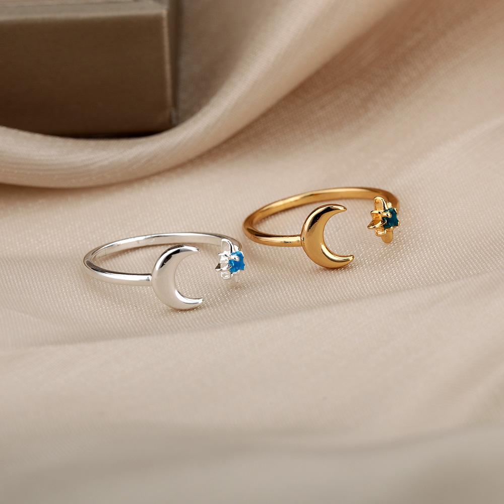 Simple And Luxurious Moon Opening Ring, Octagonal Star Shaped Women'S Ring, Personalized Star And Moon Ring, Fashionable And Elegant Accessory.