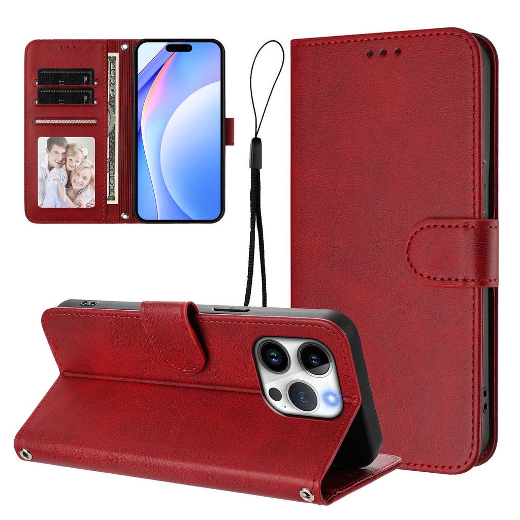 For iPhone 16 Pro Max Wallet Case RFID Blocking Calf Texture Leather Stand Phone Cover with Strap