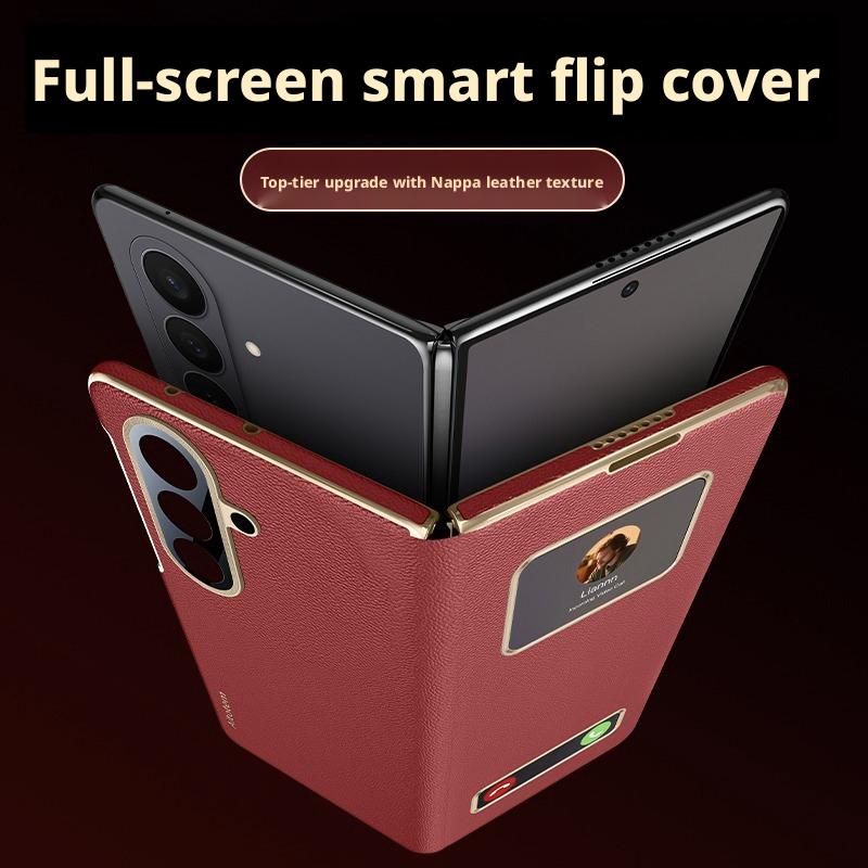 For Samsung Galaxy Z Fold 7 Nappa Leather Case Full-coverage Dual Hinge Camera Lens Protection Bulit-in Magnet Smart View Cover