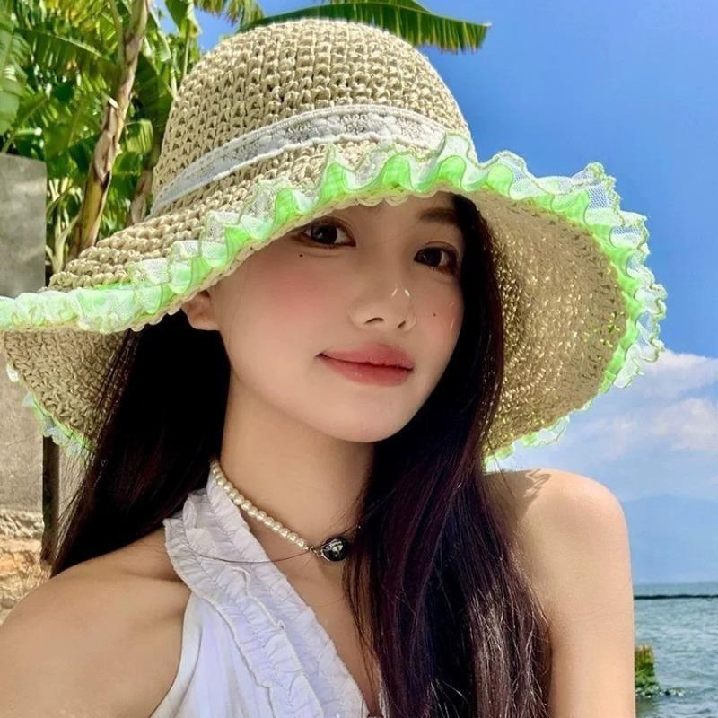 Hyunya Wind Colored Wood Beads Straw Hat Women's Summer Hollow Big Brim Sunshade Sunscreen Hat Foldable Fisherman Hat Tide