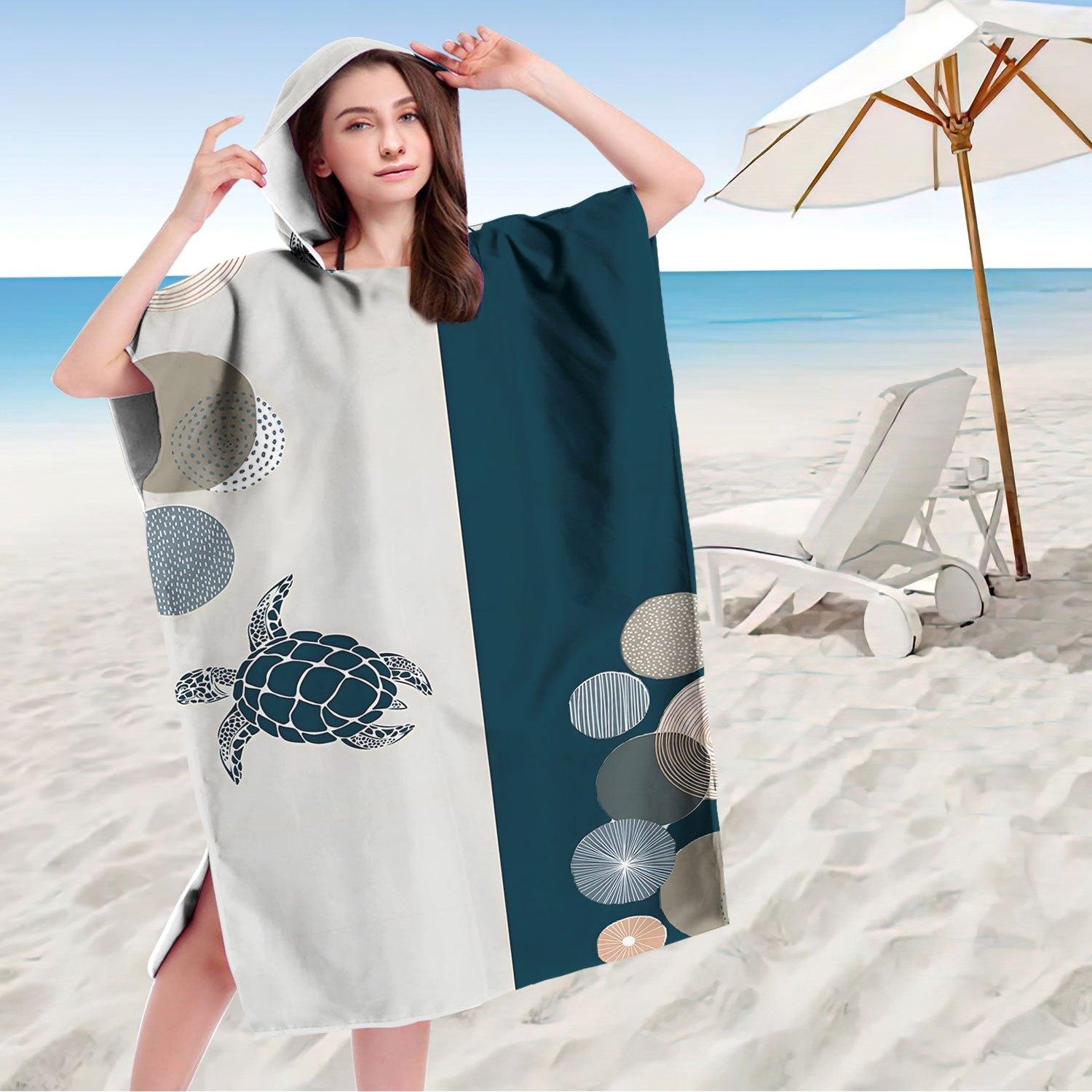 Textilien Abstract Sea Turtle Hooded Beach Towel Poncho | Navy Geometric Circle Surf Changing Robe, Flat Print, Outdoor Bath Cape