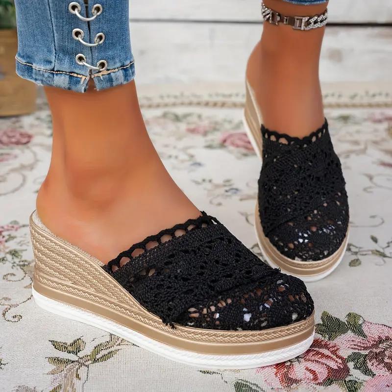 Fashion 2025 Summer Hollow Out Breathable Platform Sandals Woman Lightweight Wedge Mules Shoes Closed Toe Wedge Heels Slippers Women