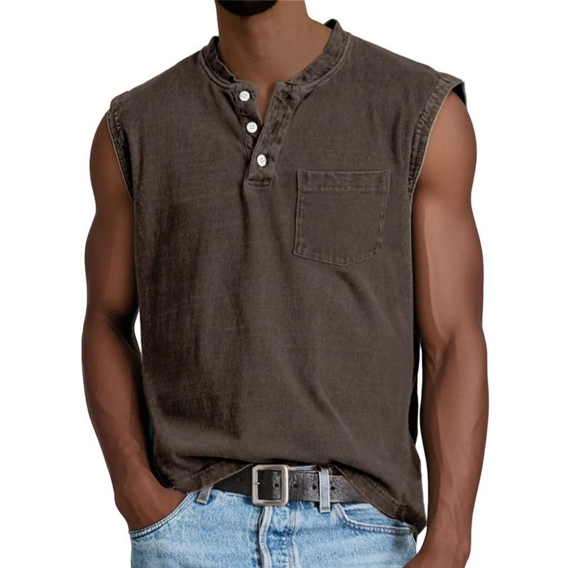 Herren gewaschenes Henley ärmelloses Tanktop lässig V-Ausschnitt einfarbig Muskelshirt mit Brusttasche