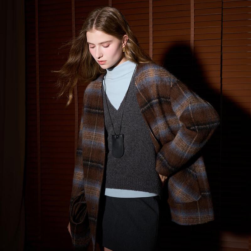 Sancai Women's Merino Wool Blend Plaid Double-faced Coat