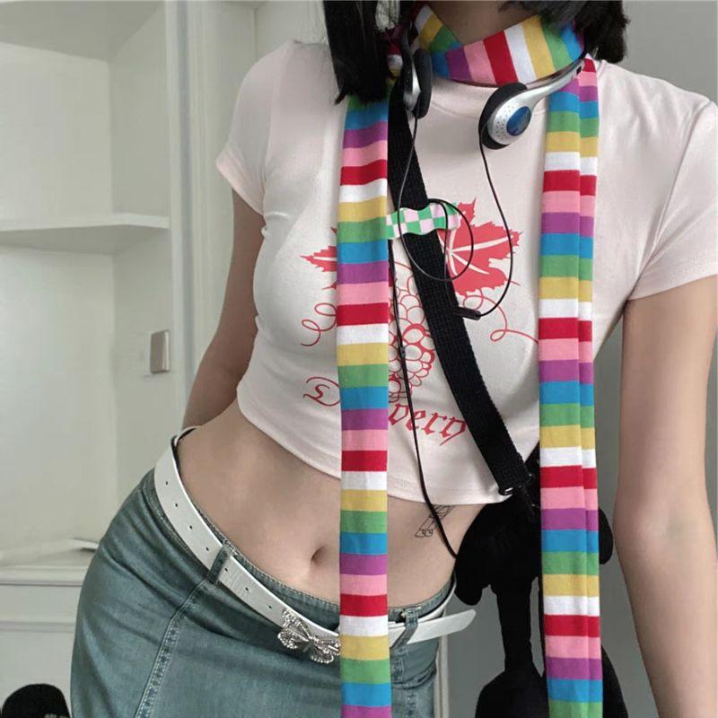 Harajuku Punk Retro Long Thin Narrow Strip Neckscarf Fashion Grey Red Black Striped Knitted Scarf Winter Warm Casual Streetwear