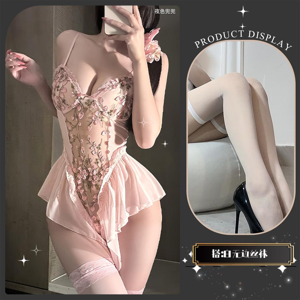 Sexy underwear suspender embroidered tight onesie pure desire tie slim gathering floral mesh strap set