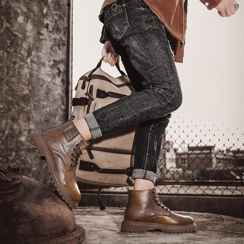 Black Genuine Leather Men's Boots Four Season Fashion New Casual High Top Boots Casual Anti Slip Thick Sole Height Increasing