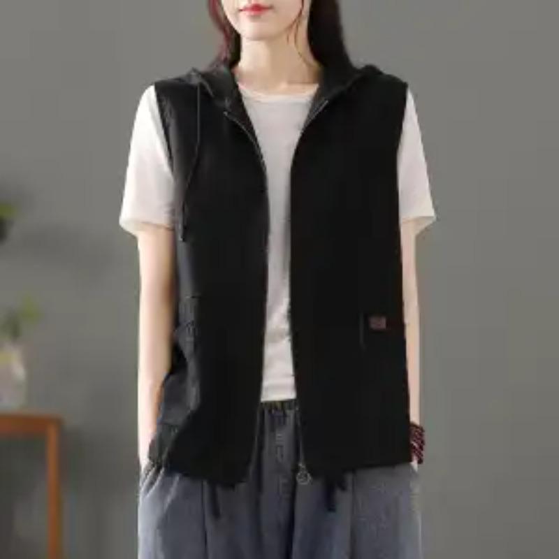 Gilet con cappuccio senza maniche da donna in misto lino beige con orlo coulisse