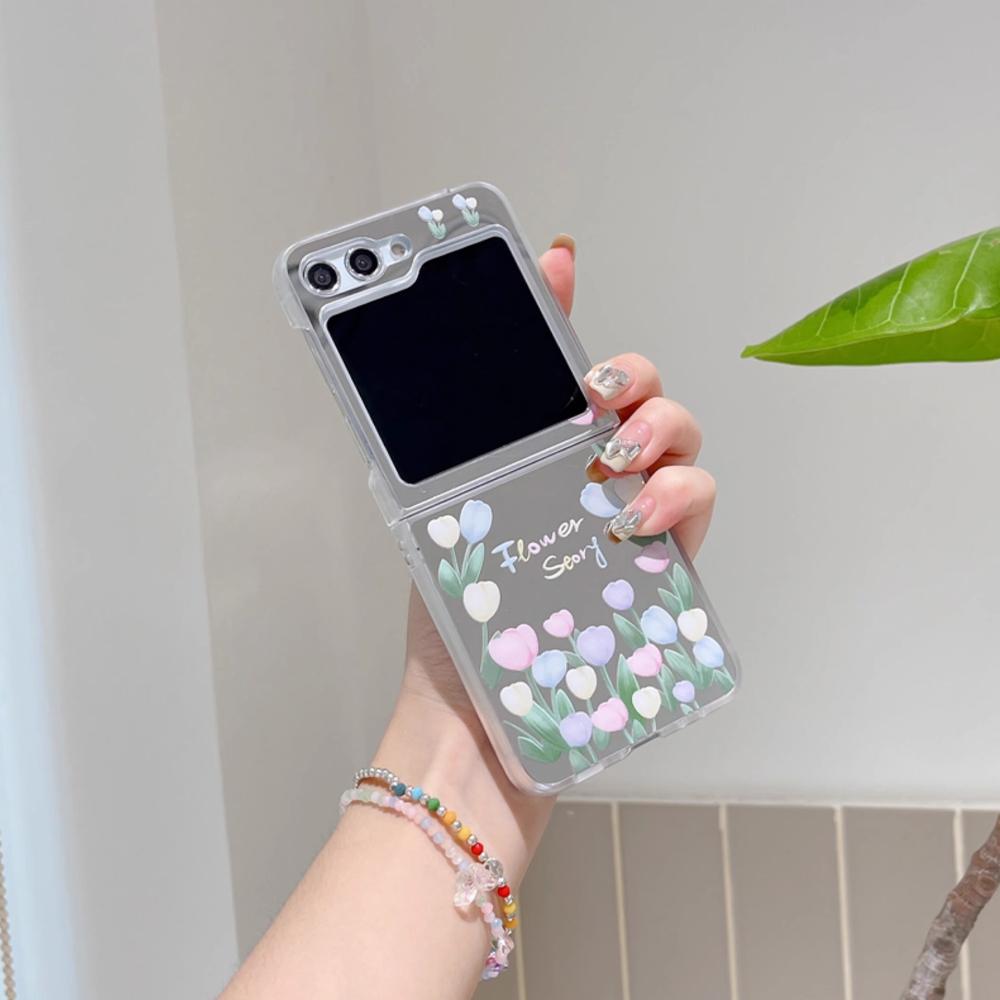 

Чехол для телефона-зеркала с серебряным покрытием и цветком тюльпана для Samsung Galaxy Z Flip 5 4 3 5G, креативная противоударная защитная крышка Samsung Galaxy Z Flip 5