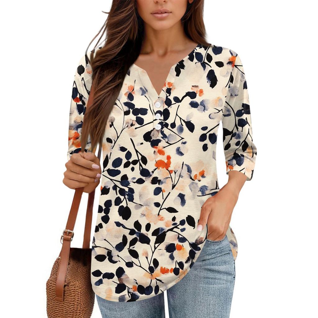 Damen V-Ausschnitt Freizeit Dreiviertelarm Knopf-Detail Top mit Blumenmuster
