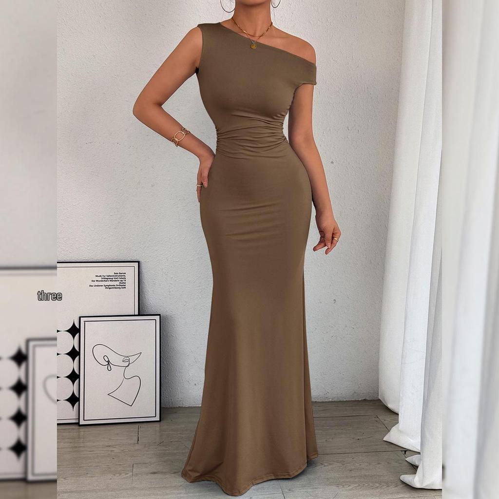 European & American Mermaid One-Shoulder Waist-Draped Sleeveless Dress for Women 2026