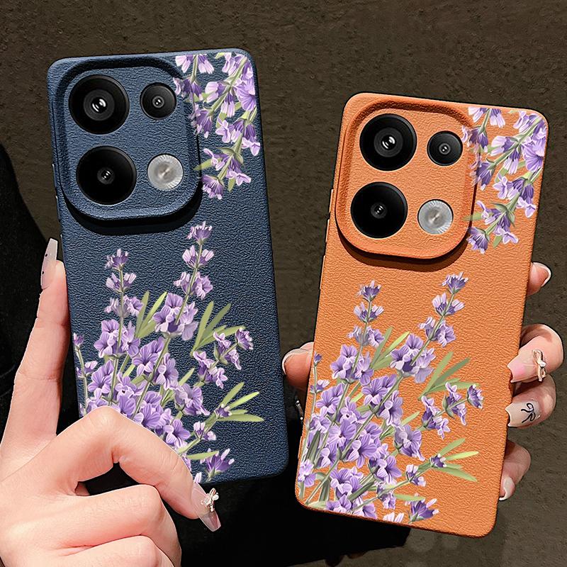Purple Floral Pattern Leather Texture TPU Matte Case For Xiaomi 13T Pro Poco X7 X6 M6 Redmi 13C Note 14 Pro 13 12 11 Slim Shockproof Soft Phone Cover