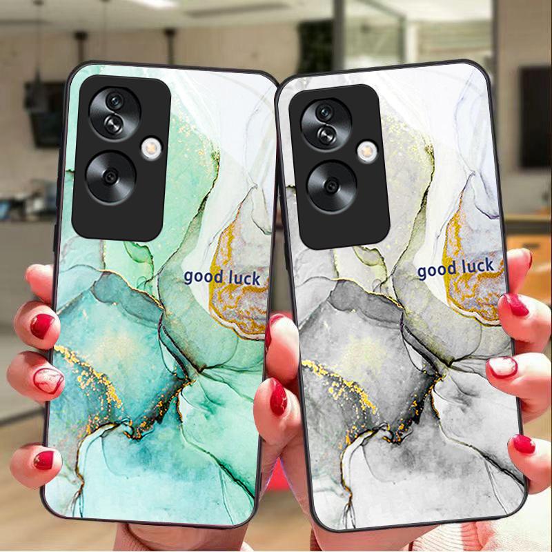 Marble Pattern Color For Oppo A79 5G 58 78 74 60 4G Reno 11F Realme GT 6 11 Note 50 10 C55 X2 Tempered Glass Black Phone Case