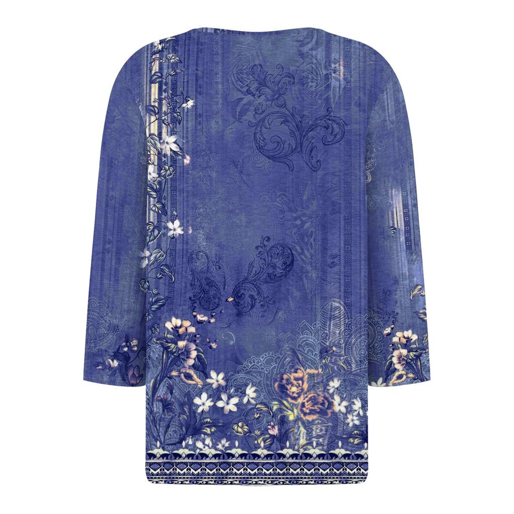 Ladies Casual Fashion V-neck Loose Versatile Floral Print Three-quarter Sleeve Top