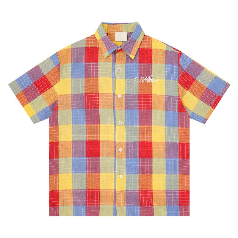 Retro rainbow fashion plaid short lining multi-color contrasting color plaid fabric chest simple flower embroidered men's shirt