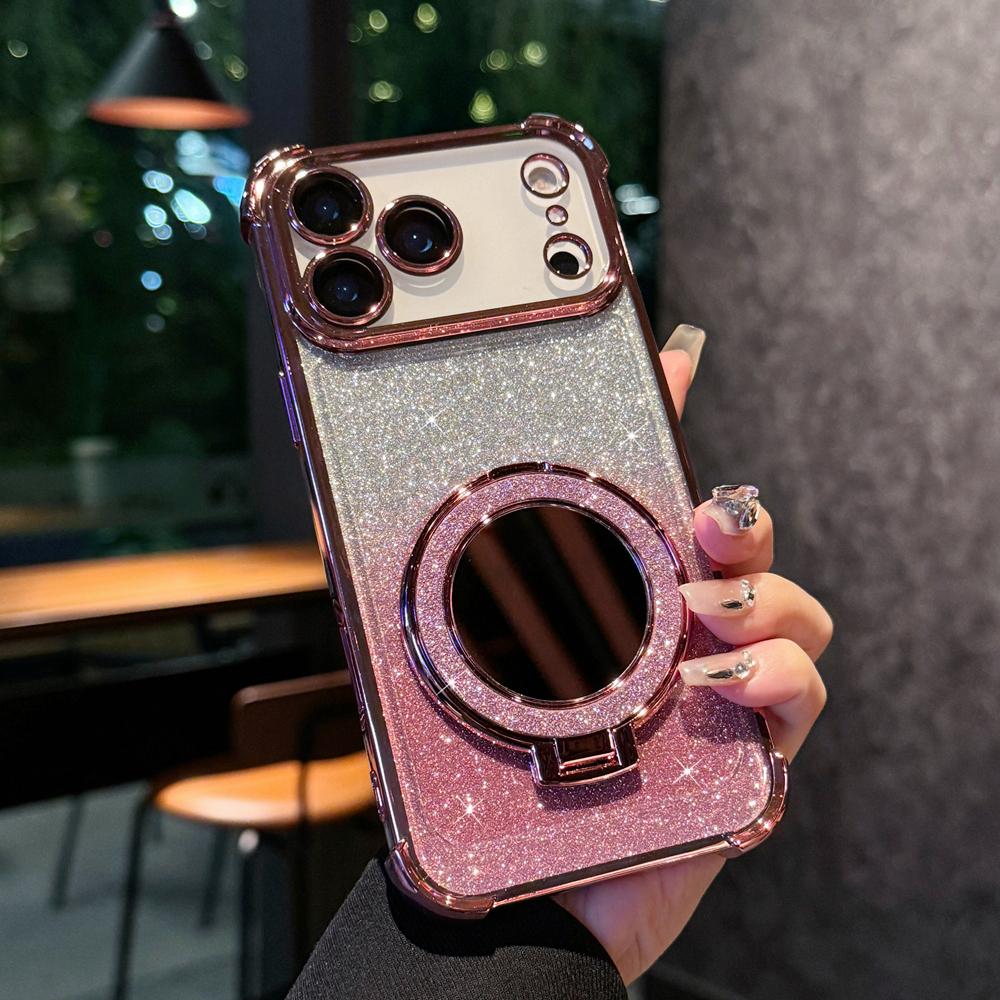 KEYSION Gradient Glitter Magnetic Phone Case for MagSafe for iPhone 17 Pro Max 17 Air Makeup Mirror Ring Stand Shockproof Cover