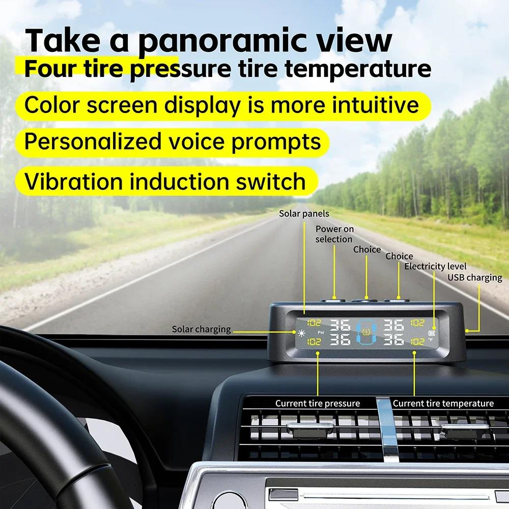 Tire Pressure Monitoring System Car Safety Alarm Wireless Solar/USB Powered 4/6 Sensors Color Digital Display For Caravan TruckTire Pressure