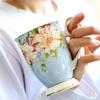 300ml Bone China Coffee Mugs- Blue Pink Elegant Floral Tea Mug with Gold Trim, Large Capacity Ceramic Cup for Coffee Tea and Milk for Home Office
