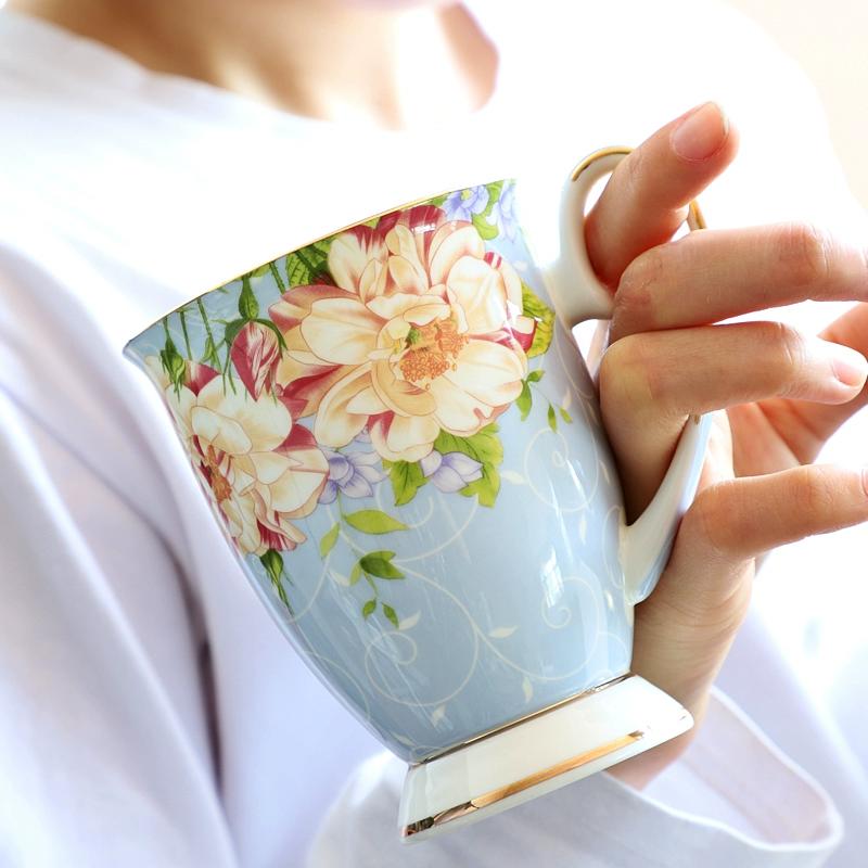 300ml Bone China Coffee Mugs- Blue Pink Elegant Floral Tea Mug with Gold Trim, Large Capacity Ceramic Cup for Coffee Tea and Milk for Home Office