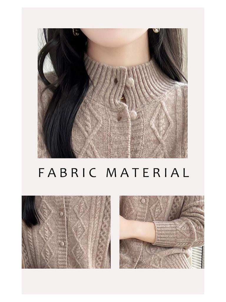 Heavy Knit Half High Neck Slim Fit Cashmere Cardigan Sweater for Spring & Autumn