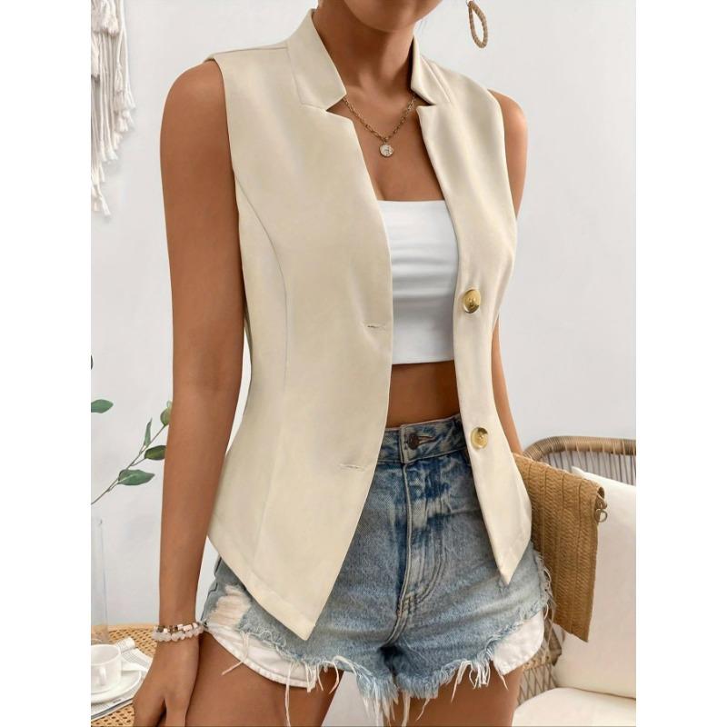Women V Neck Sleeveless Blazer Vest with Padded Bust Single Breasted Slim Fit Casual Office Waistcoat