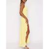 Womens Solid Color V-Neck Sleeveless Ruffle Hem Slit Maxi Dress High Waist Street Chic 2026