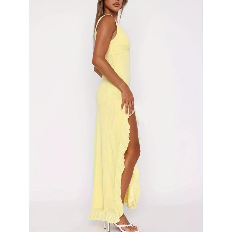 Womens Solid Color V-Neck Sleeveless Ruffle Hem Slit Maxi Dress High Waist Street Chic 2026