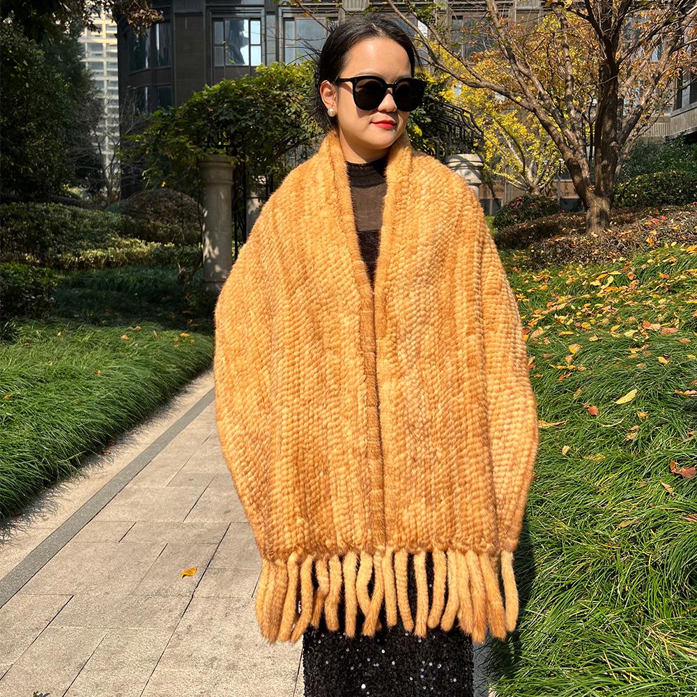 Classic Luxury Knit Mink Fur Scarf for Women Winter Soft Ladies Rabbit Muffler Genuine 195 cm X 40 cm золотистый