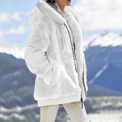 Women Winter Coat Thick Fuzzy Plush Hooded Zipper Closure Drawstring Outerwear with