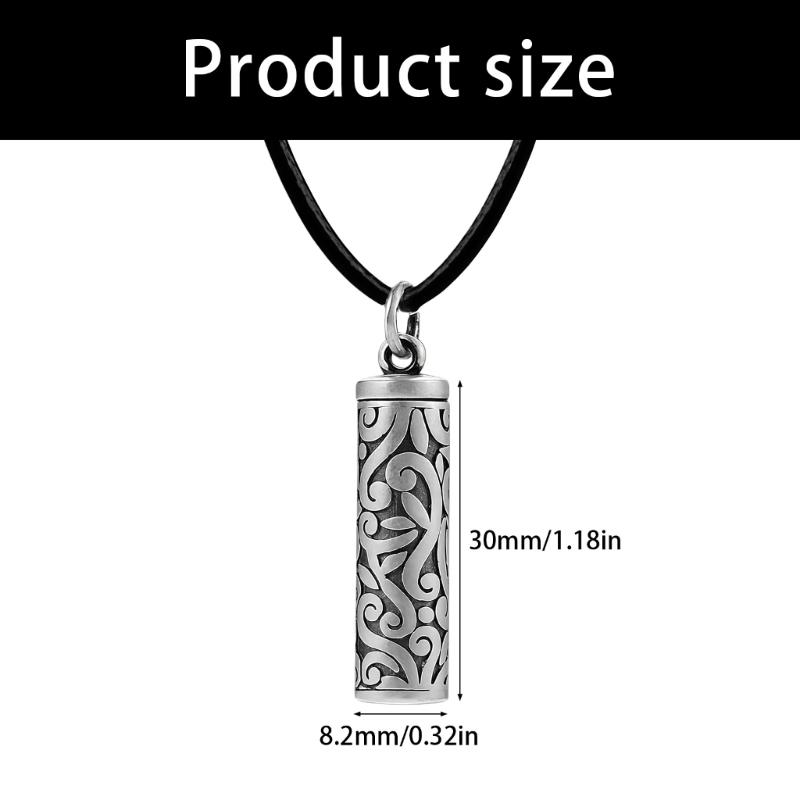 Ancient Hollow Charm Necklace For Holding Sacred Scroll Engraved Intricate Design Matte Finish Black Strap Included
