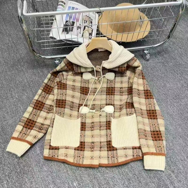 Removable Hat Plaid Woolen Jacket Women's Short Autumn and Winter Loose New Woolen Coat Plaid Thickened Sweater
