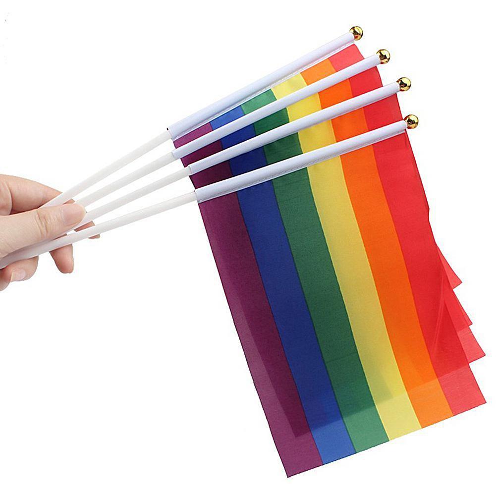 10 Stück Gay Pride Flaggen, leicht zu haltende Mini-Homosexuellen-Regenbogenflagge mit Fahnenmasten für Cheers Pride Festival Party-Zubehör 14 x 21 cm