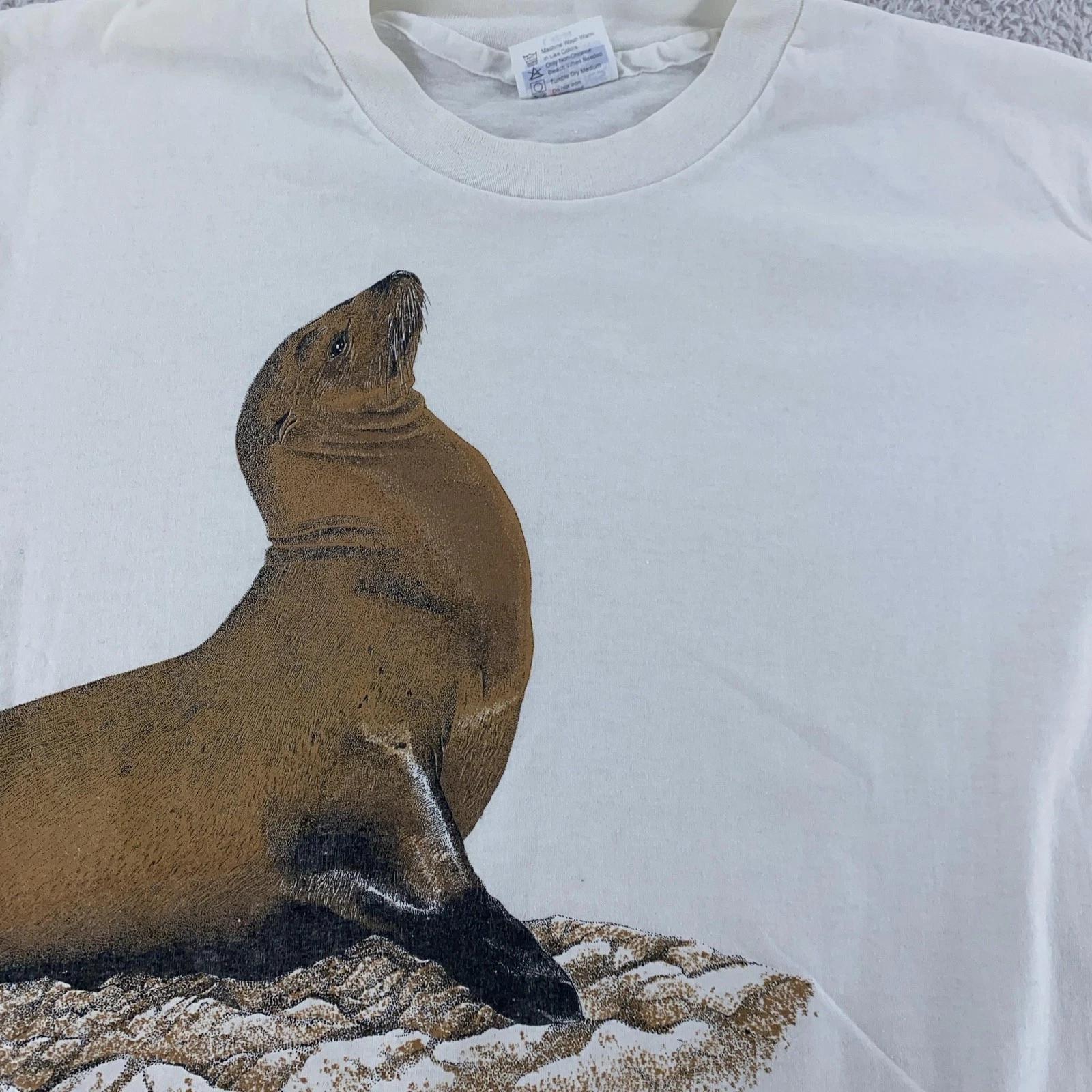 

Vintage Sea Lion Wrap-Around Print Shirt Mens M/L Zoo Animal Nature Tee 80s USA XL