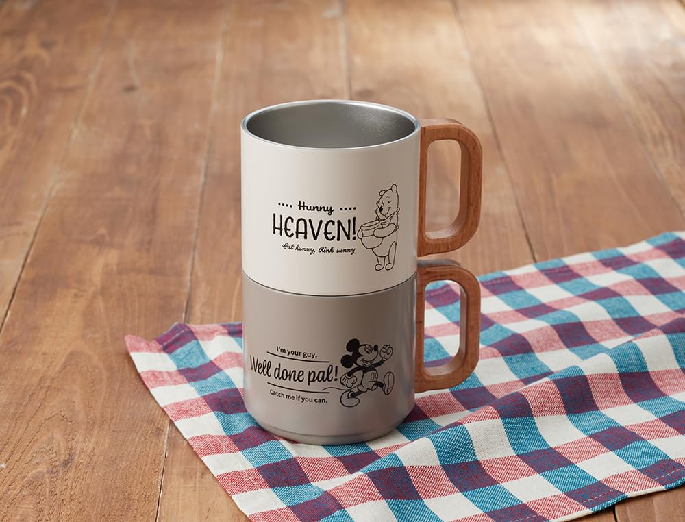 Skater Stackable Stainless Steel Keeps Hot or Vacuum with Wooden Disney Winnie the Pooh Design Mug, 350ml, Cold, Insulated, Handle, (SSTMG3S-A)