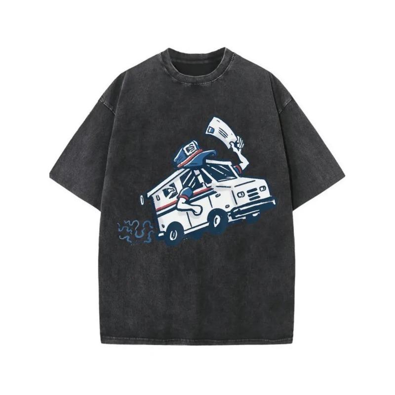 

European sizes Men S Vintage Washed T-Shirt With Cartoon Mail Truck Print | Soft, Comfortable, Stylish Round Neck Tee For Casual Wear, All Seasons S чёрный