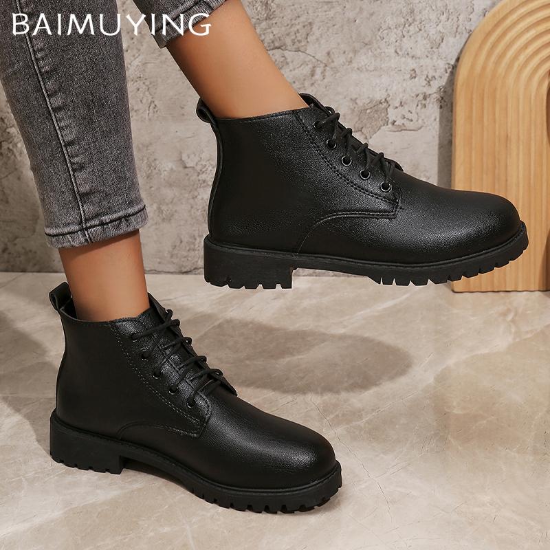 Winter Women Ankle Boots Leather Flats Designer Lace Up Shoes 2024 Trend New Brand Classic Motorcycle Boots Goth Botas De Mujer