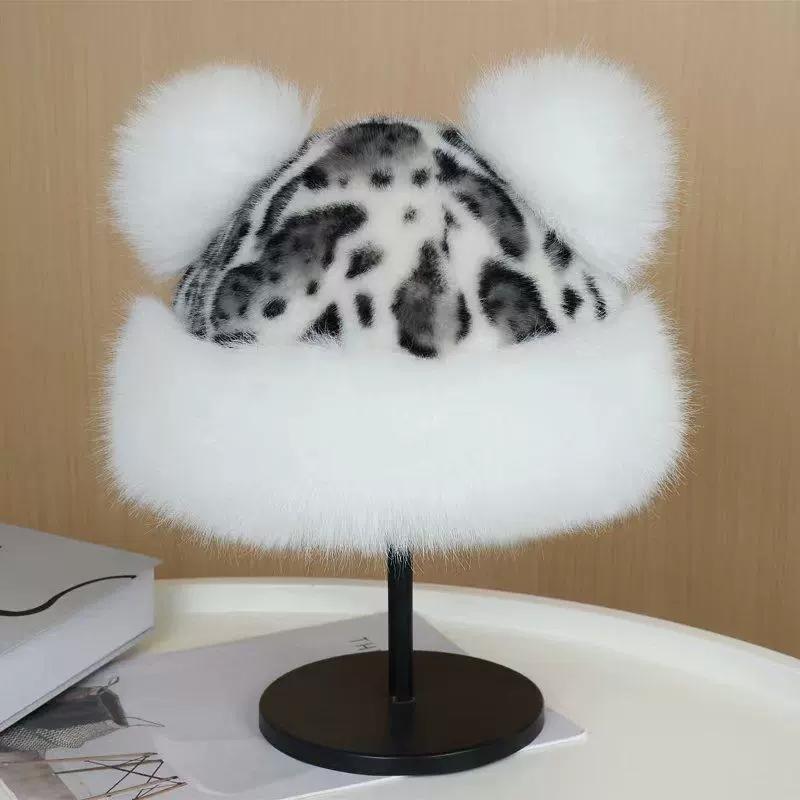 Retro leopard print plush bucket hat Mongolian hat women's autumn and winter new ears thickened warm ear protection imitation water
