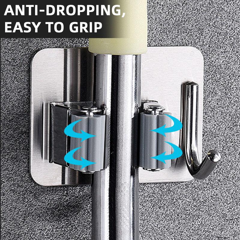Houseeker Stainless Steel Mop Clip With Hook Bathroom Toilet Broom Storage Rack Mop Brush Towel Holder
