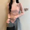 women floral applique ruched knit top square neck long sleeve form fitting casual solid color asymmetrical hem blouse