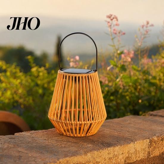 No Wiring Solar Light Rattan Woven Lantern, Outdoor Faux Light, Rustic Waterproof Ambient Lighting Powered Hanging Lantern for Garden Balcony