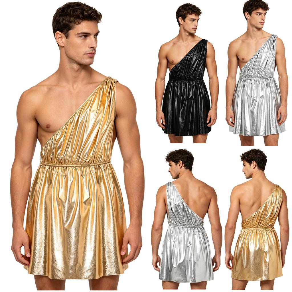 Herren Antikes Griechisch-Römisches Metallisch Glänzendes Toga Kostüm Ein Schulter Elastische Taille Tunika Kleid