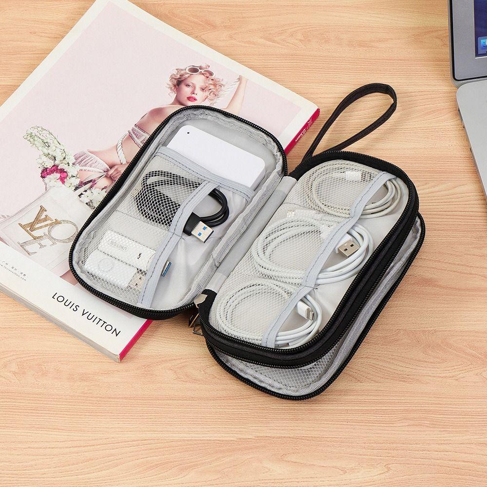 Double Layer Digital Storage Pouch Waterproof Travel Data Cable Storage Bag Solid Color Headphone Hard Disk Organizer