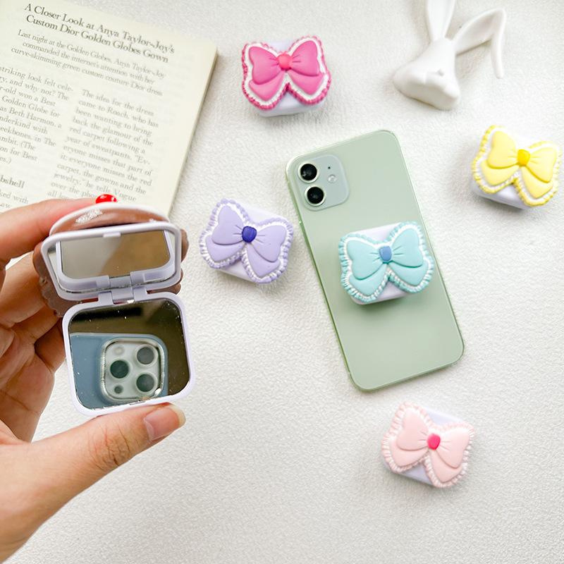Small Fresh Bow Mobile Phone Mirror Sticker Airbag Bracket Flap Back Sticker Telescopic Portable Makeup Mirror