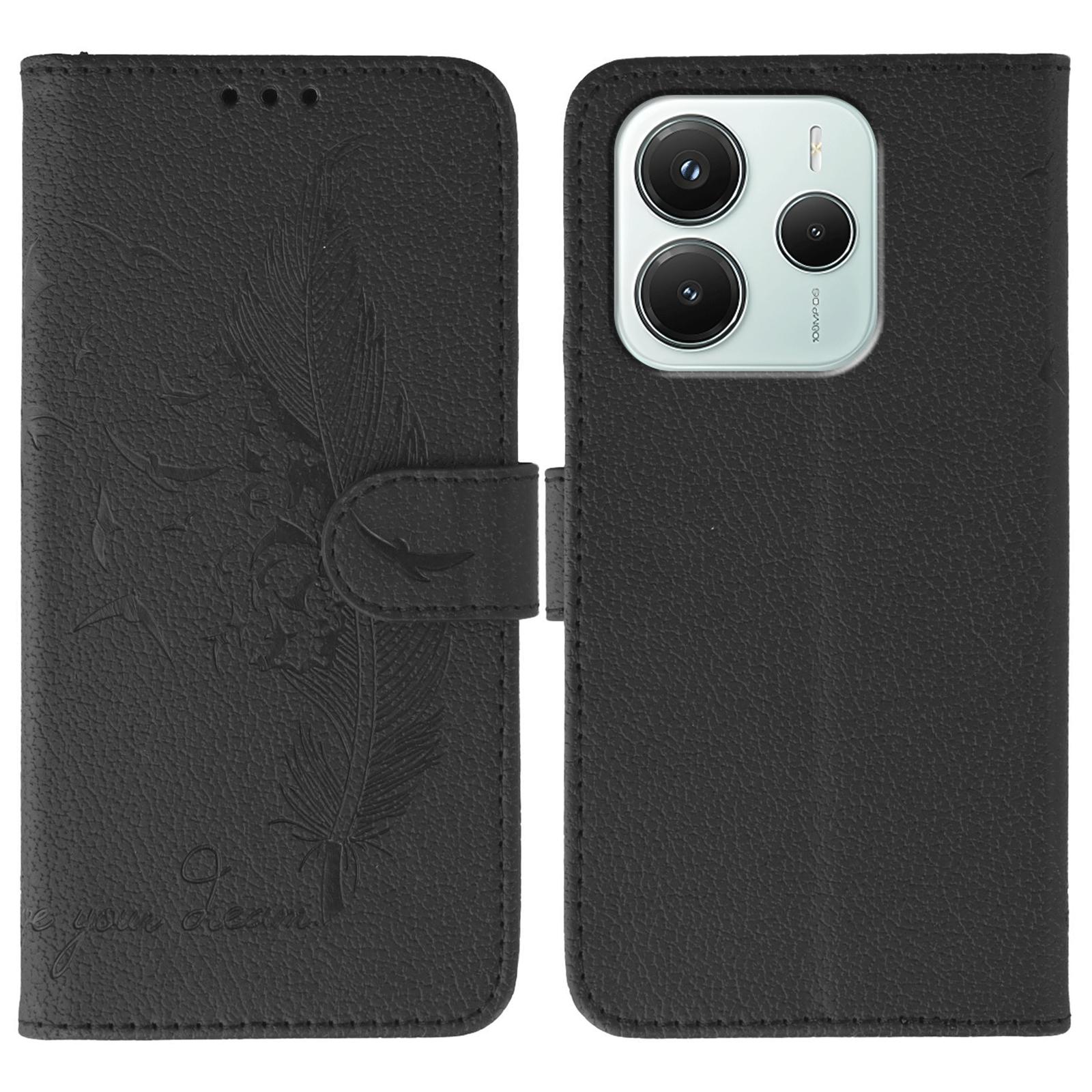 

Для Xiaomi Redmi Note 14 4G (164,84мм) Чехол Кожаный кошелек с тиснением пера Чехол для телефона Black