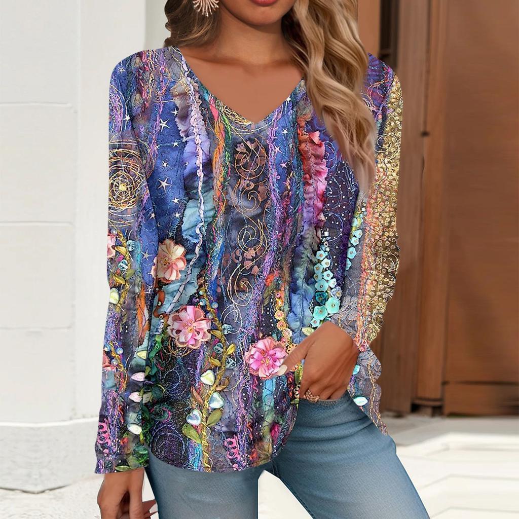 Mujer Camiseta Retro Estampado Manga Larga Diario Fin de semana Diario Básico Escote en Pico Regular Otoño Invierno Tops