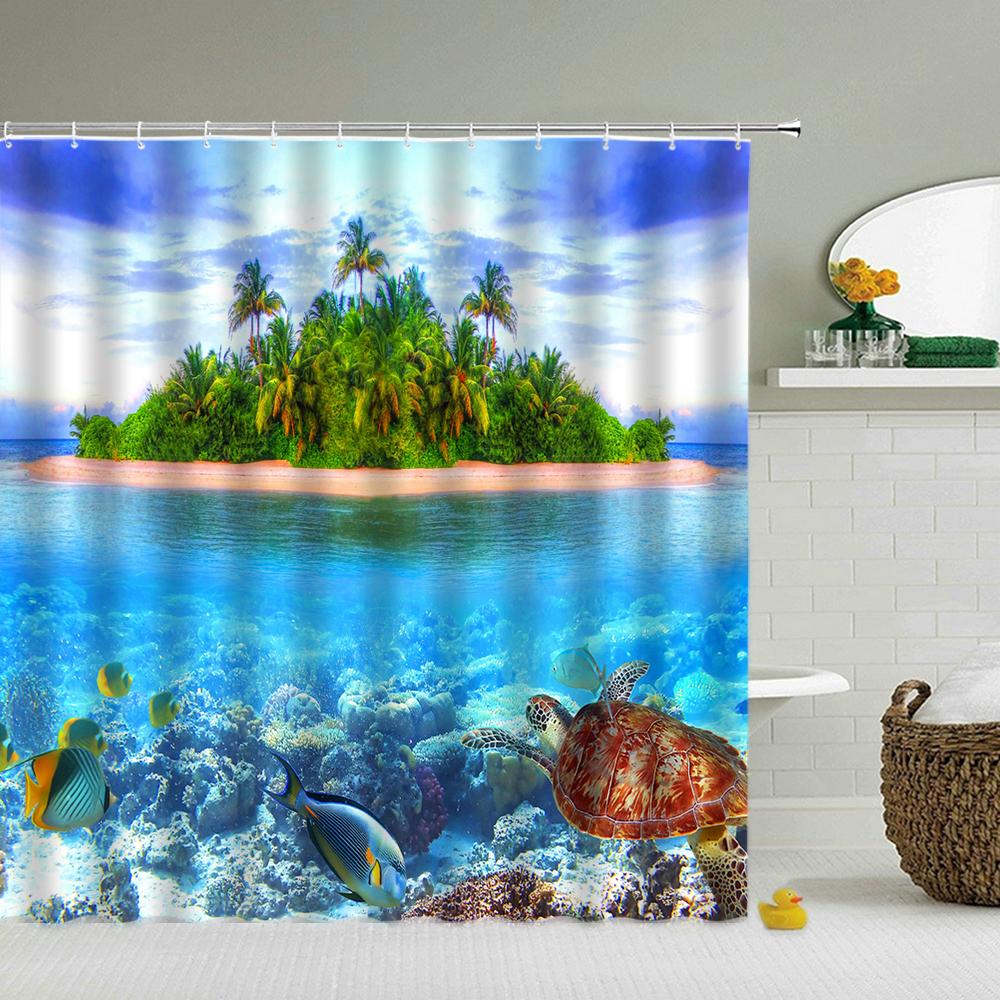 Beach Sea Palm Trees Shower Curtains Scenery Waterproof 3d Bathroom Curtains With Hooks Home Decoration Washable Bath Screen