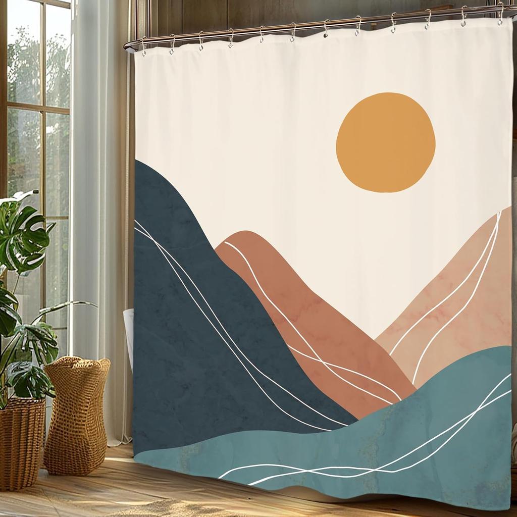 Abstract Mountain Shower Curtain Set Mid Century Minimalist Sunrise Sunset Natural Landscape Modern Polyester Waterproof Cloth